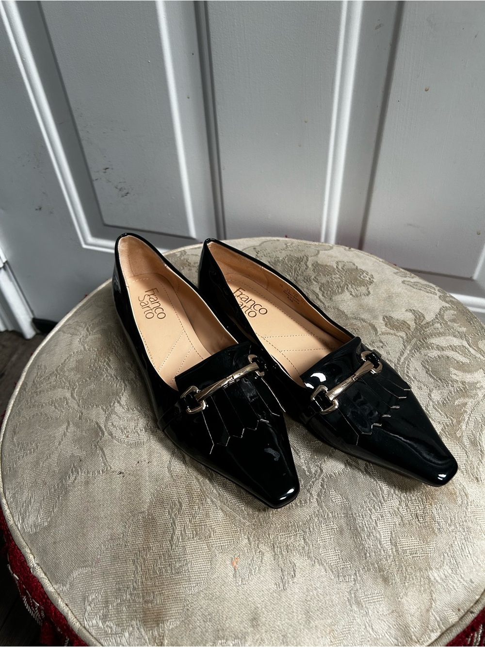 Franco Sarto Black Patent Pointed Kiltie Loafers with Metal Bit